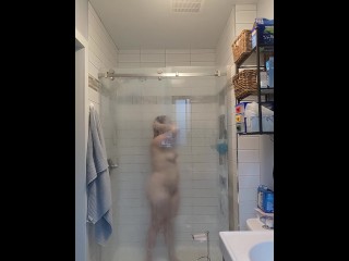 SPY  - Curvy Blonde TEEN plays with pussy and takes sexy shower